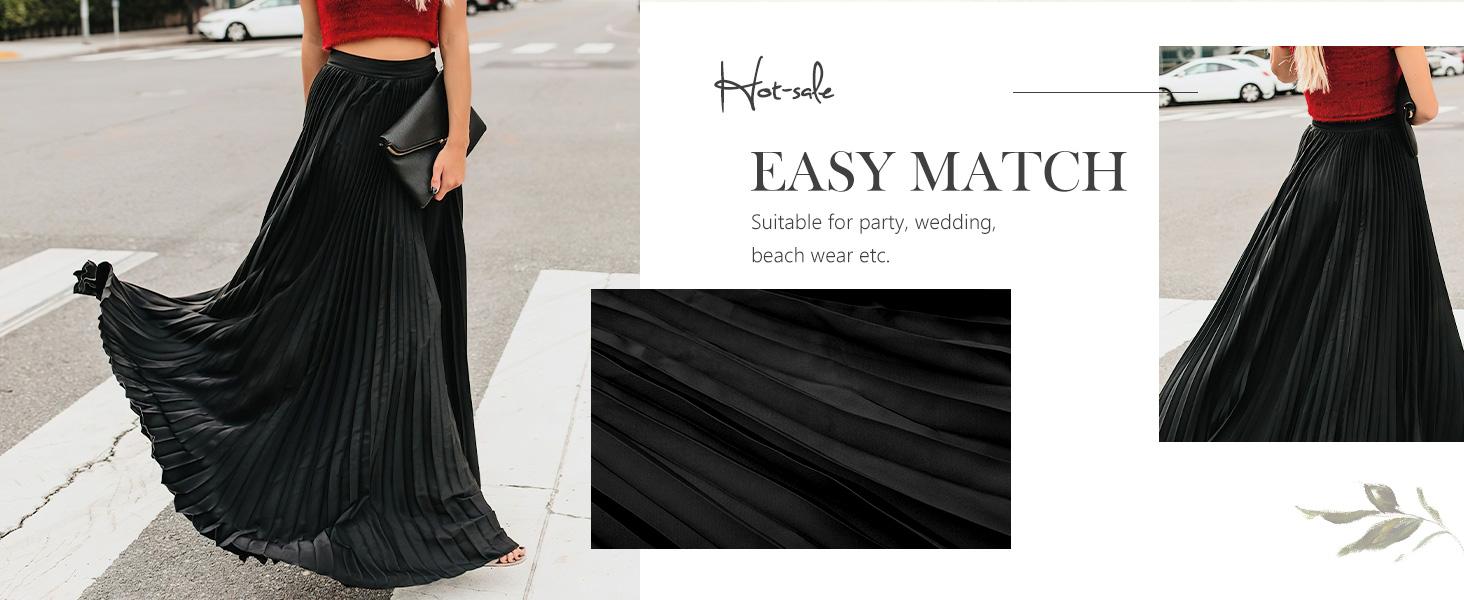 Ebossy Women's High Waist Flowy Pleated Chiffon Maxi Skirt - Casual Loose Fitted, Elastic Waist, Summer Fall Winter Wear, Basic Minimalist Design Womenswear