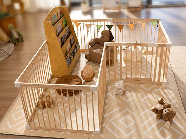 HARPPA Wooden Baby Gate Playpen | Adjustable Play Yard for Infants & Toddlers, Natural Finish Baby Fence, Non-Toxic Pinewood, Foldable DIY Shapes,Baby Items