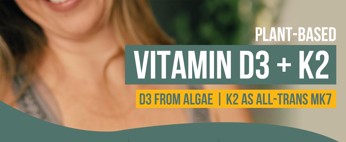 Organic Plant D3 + K2 Capsules - 5000 IU D3 + 120 mcg K2 (MenaQ7) - Whole Food, Vegan - Enhanced Digestion with Prebiotic Superfood Complex