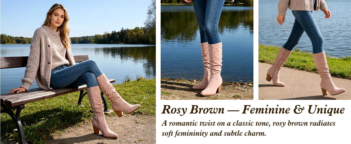 Women's Pointed Toe Knee High Boots Faux Suede Slouch Boots with Chunky Heel