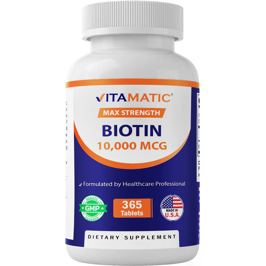 Vitamatic High Potency Biotin Vitamin B7 Dietary Supplement - 10,000 mcg (10 mg), Unflavored, No Preservatives, Dye-Free, Gluten-Free, Vegetarian, Vegan, 365 Tablets, US-Made for Adults' Hair Growth, Hair Skin Nails, Immune Support