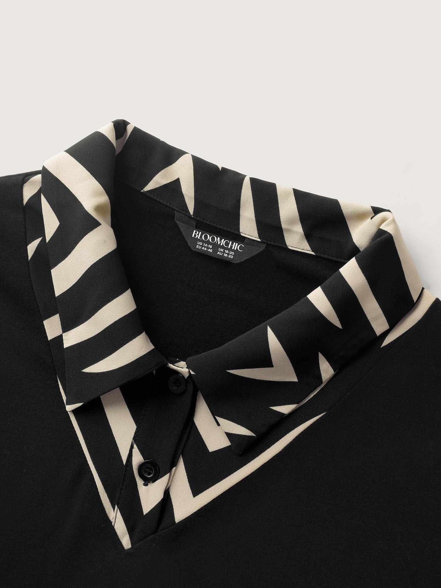 BLOOMCHIC Geometric Print Mixed Material Knit Top - Black Lantern Sleeve Fitted Shirt Collar Casual OL Style Autumn Tunics  Knitwear office fall clothing ropa para mujer 2026 Spring Break Gift For Easter's Day Mother's Day Womenswear