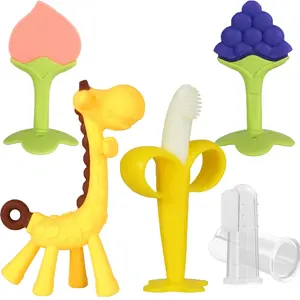 Baby Teething Toys 3-6 Months Silicone Teether Freezer BPA Free Banana Finger Toothbrush Fruit Shape Giraffe Teether for Infant Boys and Girls Food Grade Safety US