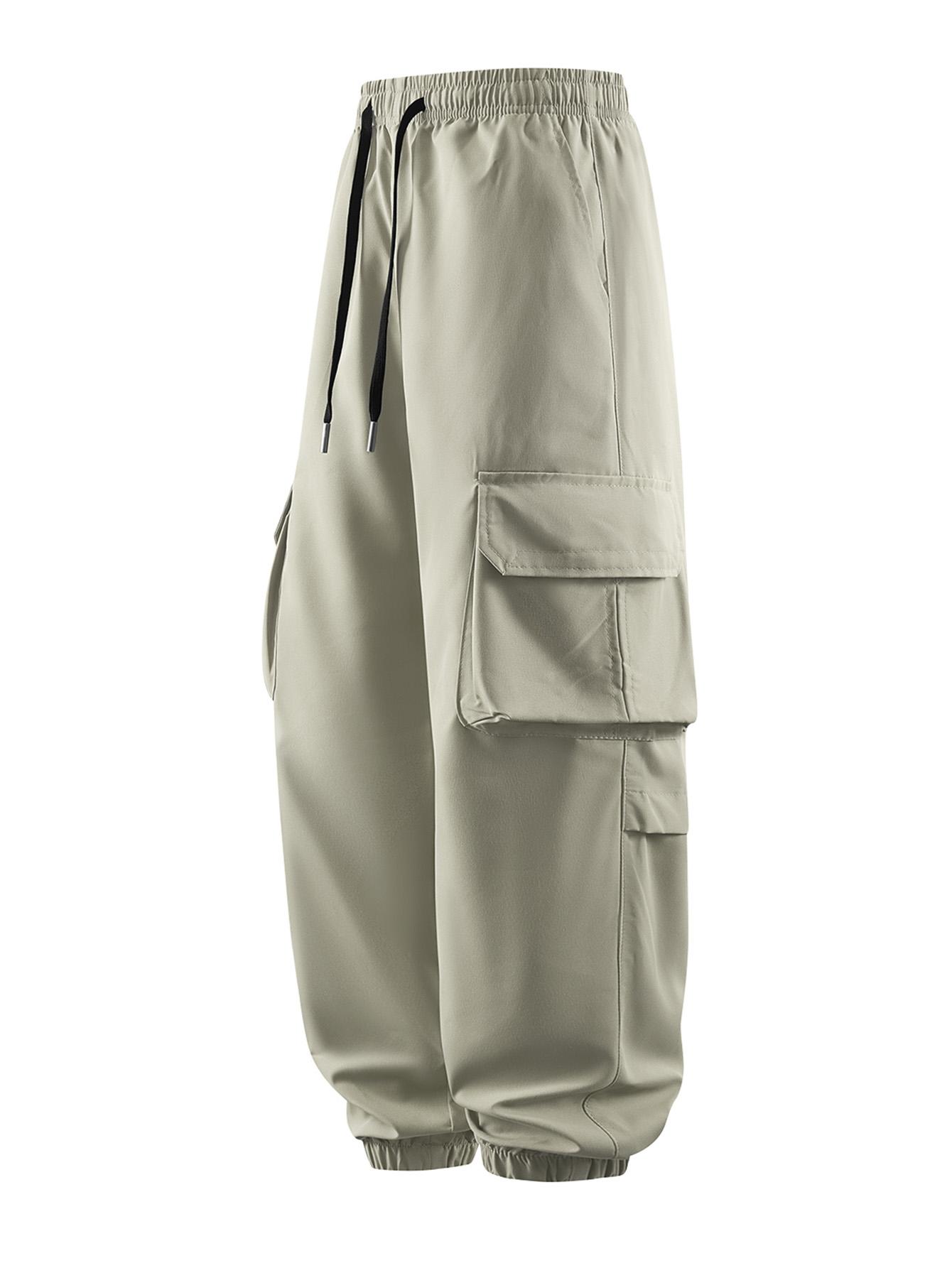 CCCMAI Men's Plain Drawstring Waist Cargo Pants, Casual Pocket Design Trousers for Daily Wear, Streetwear Men's Bottoms for All Seasons Menswear