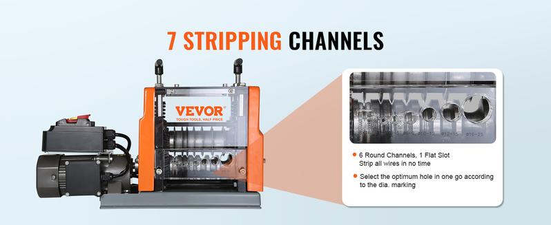 VEVOR Electric Cable Stripping Tool,  0.06''-0.98'' Motorized Wire Stripper, 60W, Features Clear Depth Gauge, Includes 6 Circular & 1 Flat Channels for Efficient Copper Wire Recycling  VEVOR Super Brand Day