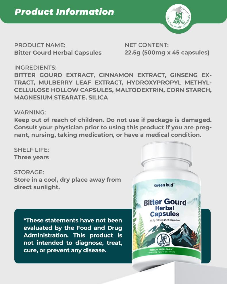Green Bud 1 Bitter Gourd Herbal Capsules Contain Extracts of Bitter Gourd, Cinnamon, Ginseng, and Mulberry Leaves, etc.