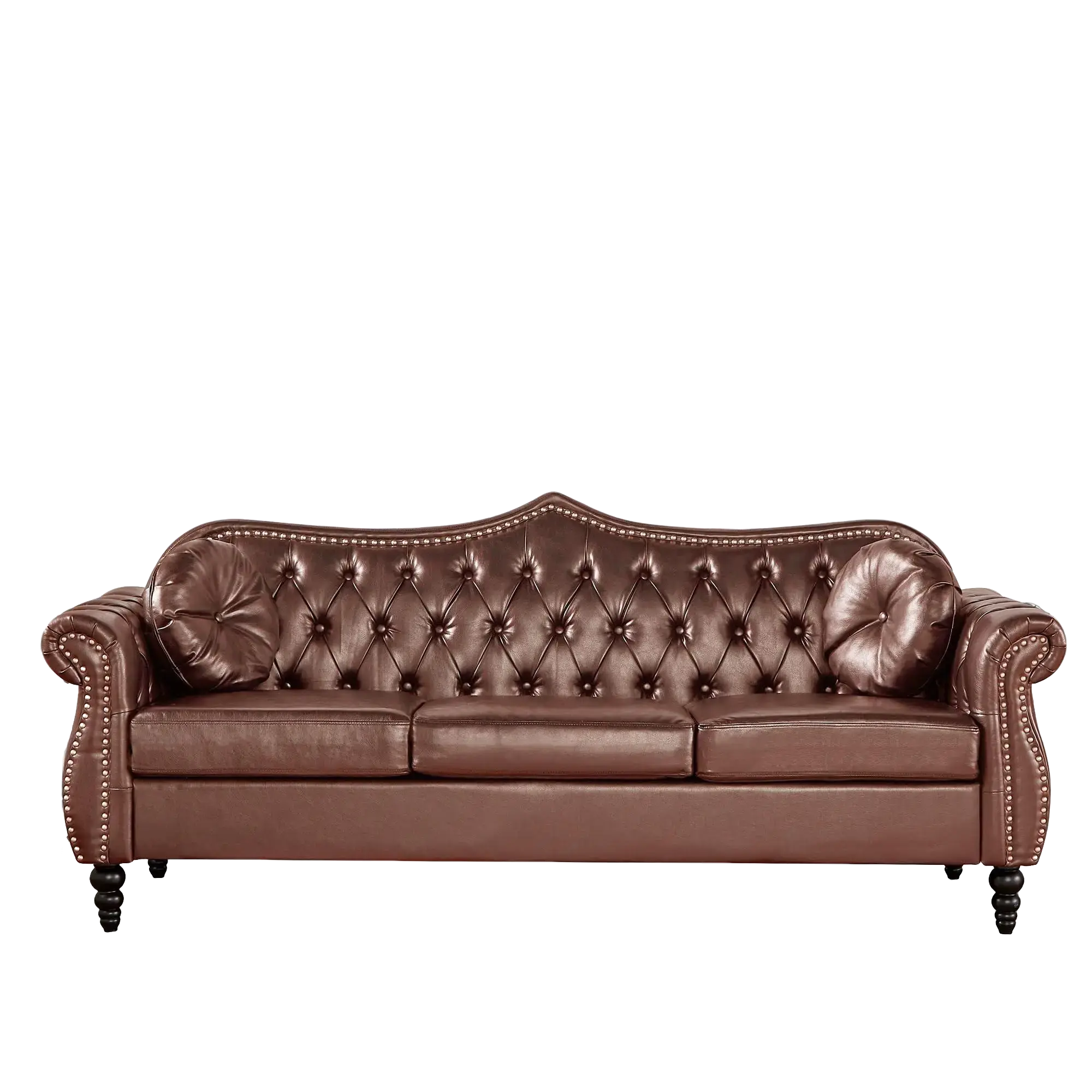 Giratree Furniture 82" Brown PU Leather Three Seater Sofa, Chesterfield Sofa, Mid-Century Modern Upholstered Sofa, Deep Button Tufted Living Room Sofa with Two Throw Pillows