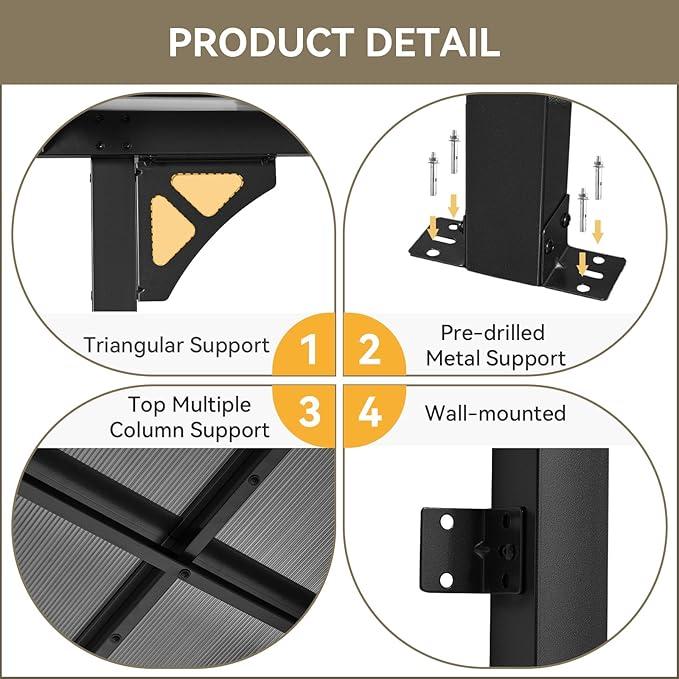 【Ships in 1 Packages】Aoxun  8x10'/5x8'  Wall-Mounted Gazebo Pergola for Outdoor Patio with 55lbs/㎡ Load-Bearing Capacity LED Waterproof Hanging Lights Durable Polycarbonate Material