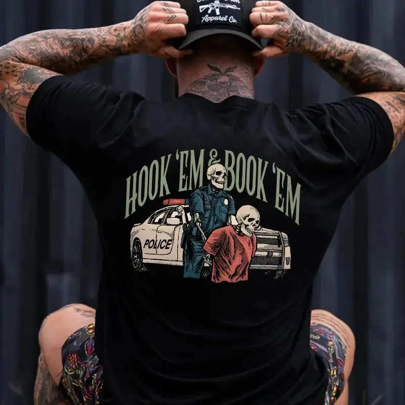 Police Hook 'em & Book 'em Printed Men's T-shirt Gifts for the Man of Character