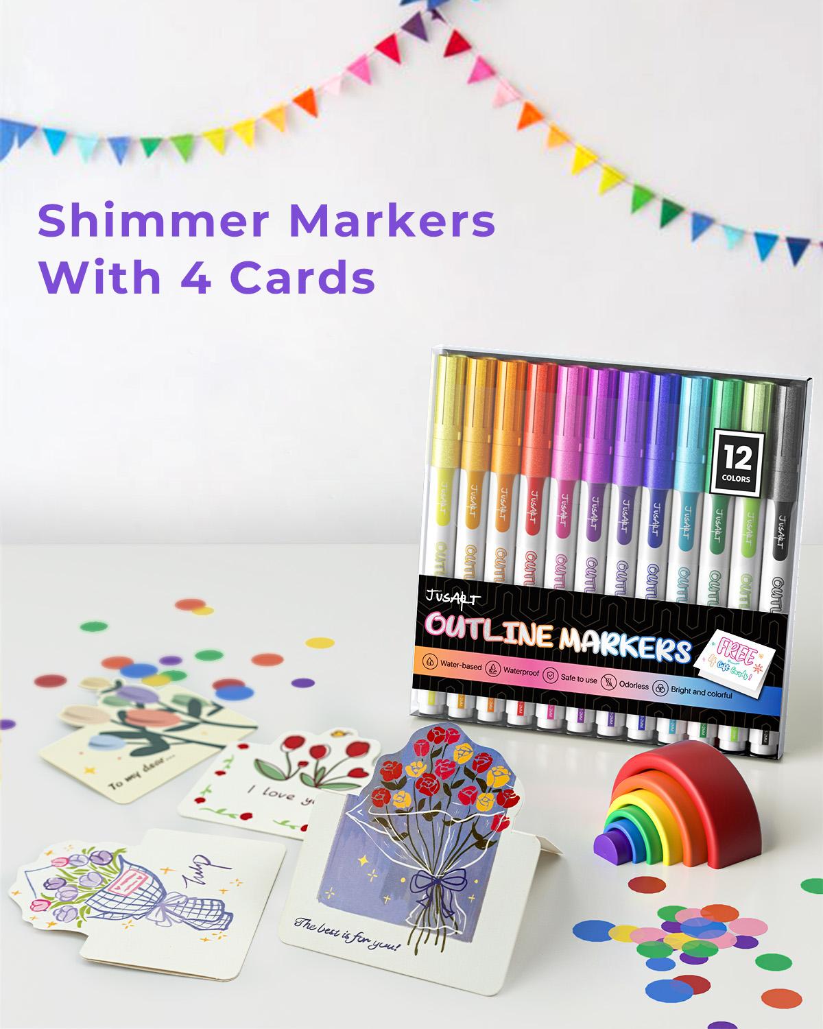 JusArt Outline Sparkle Markers, 12/18 Metallic Shimmer Pens for Adult Coloring, Cool Fun Drawing Supplies for Valentines Day, Easter, Christmas, Halloween