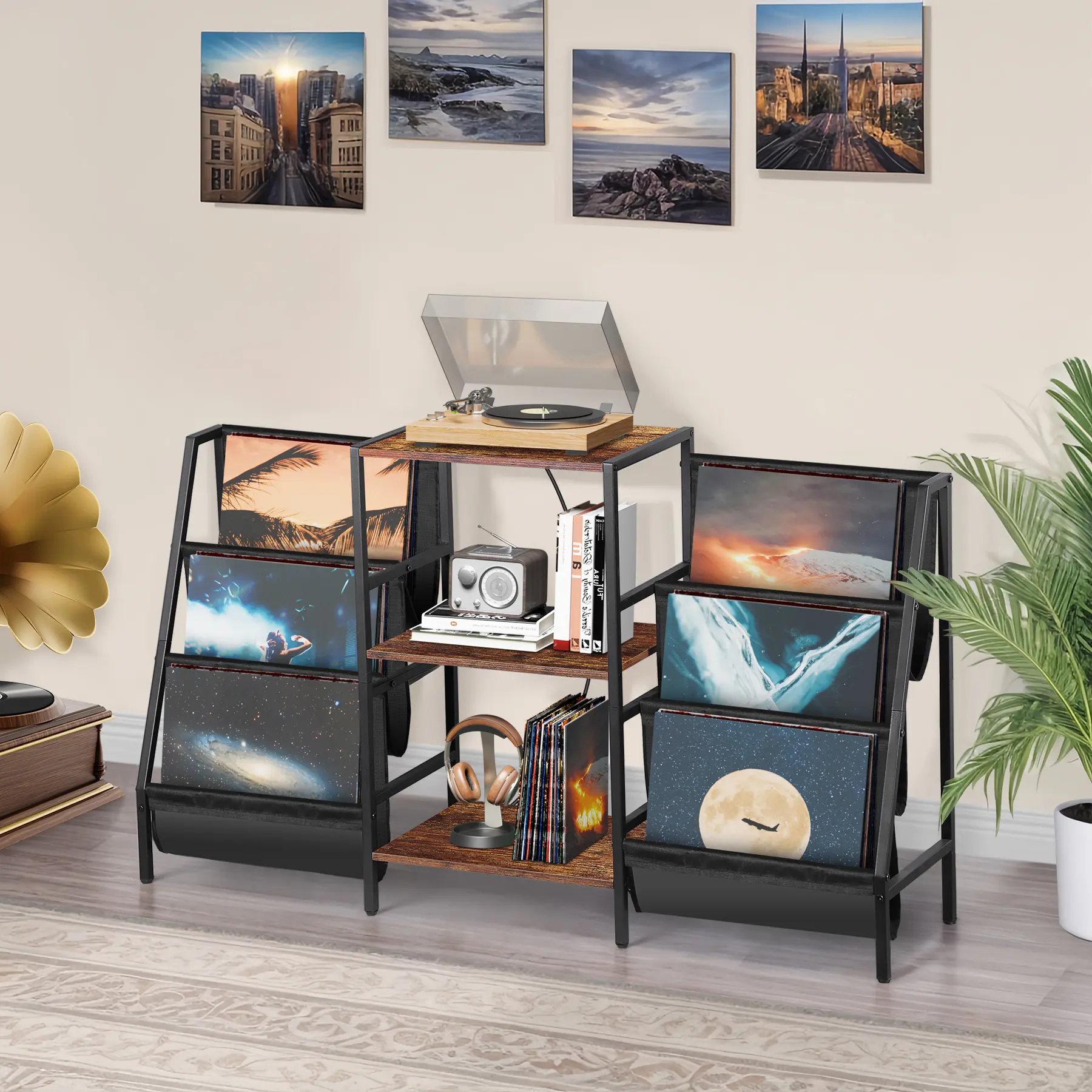 Zeny Adjustable Wooden-Metal Record Player Stand Organiser - Rustic Brown Cabinet with Shelves for 200+ Records, Turntable, Speaker, Charging Station, Tool Storage, Living Room TV Stand Decor
