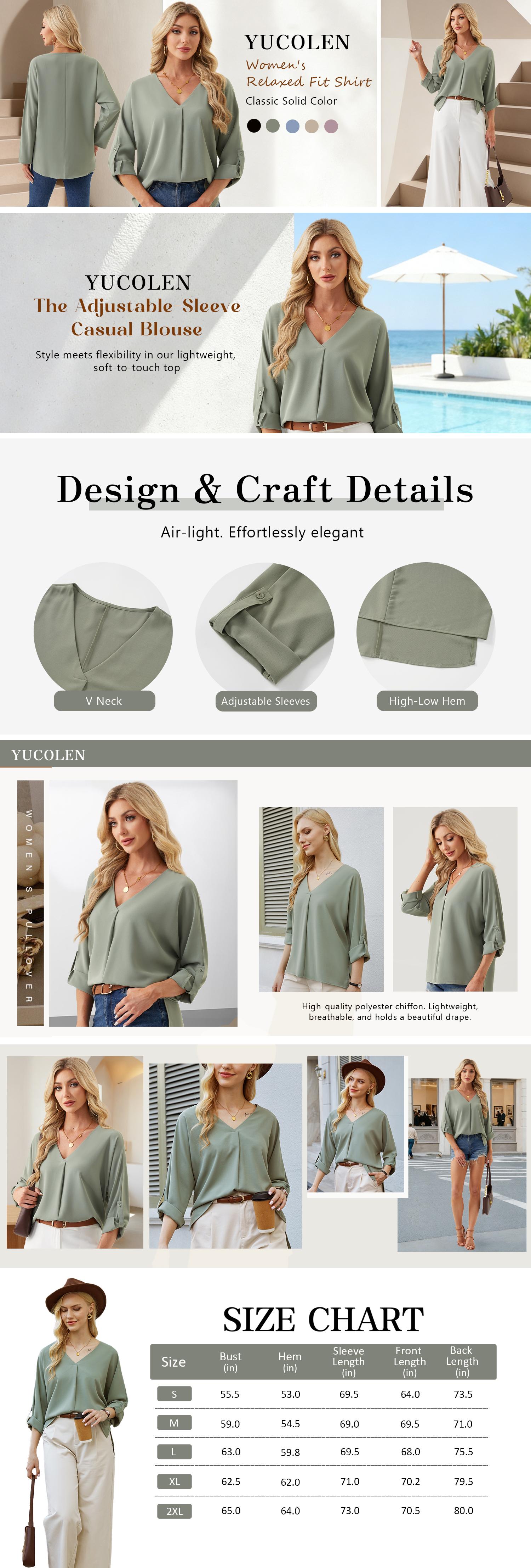 YUCOLEN Women Blouses V Neck Asymmetric Hem Lightweight Flowy Shirts 3/4 Roll Up Cuff Womens Tops Business Casual Office YUCOLEN Women Blouses V Neck Asymmetric Hem Lightweight Flowy Shirts 3/4 Roll Up Cuff Womens Tops Business Casual Office