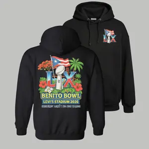 LEM 100% US Cotton Unisex Pullover Hoodies – Benito Bowl LX Puerto Rico Flag Big Game 2026 Stadium Graphic, Fan Streetwear Vibe, Relaxed American Fit