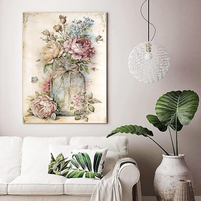 5D Diamond Painting Kit, Vintage Watercolor Peony Bouquet in Glass Jar, DIY Shabby Chic Floral Art Craft for Adults, Cozy Home Wall Decor