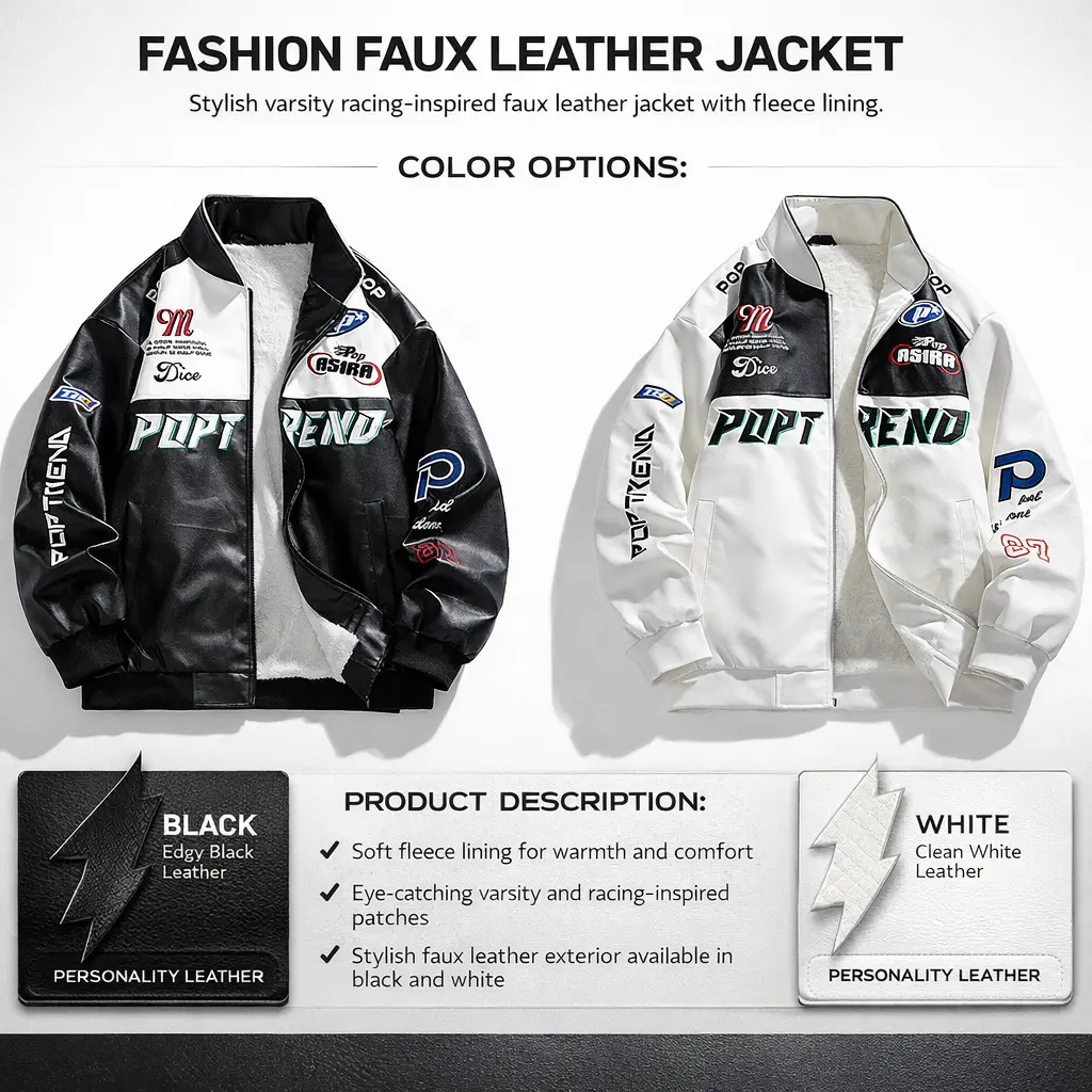Fleece-lined PU leather racing jacket Y2K windproof warm cycling apparel, premium PU leather fabric + fleece lining + racing element print + reinforced stitching + abrasion-resistant and wrinkle-resistant, perfect for cold weather and stylish wear