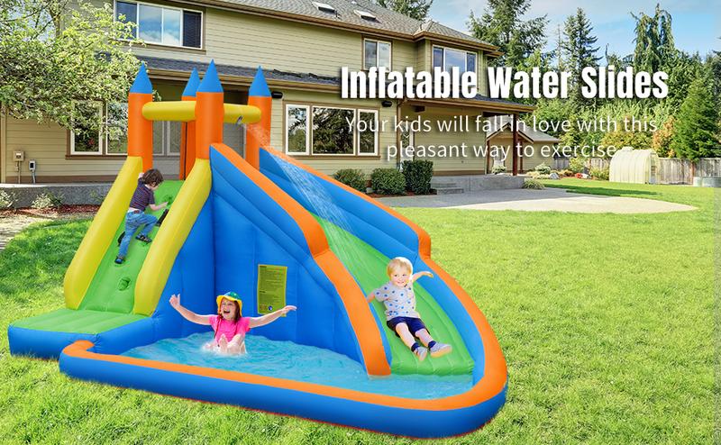 Costzon - Inflatable Water Slide With Air Blower, Inflatable Mighty Bounce House Jumper, Mega Water Park Bouncy Castle Combo for Kids Boys Girls Outdoor Backyard  Summer Gifts