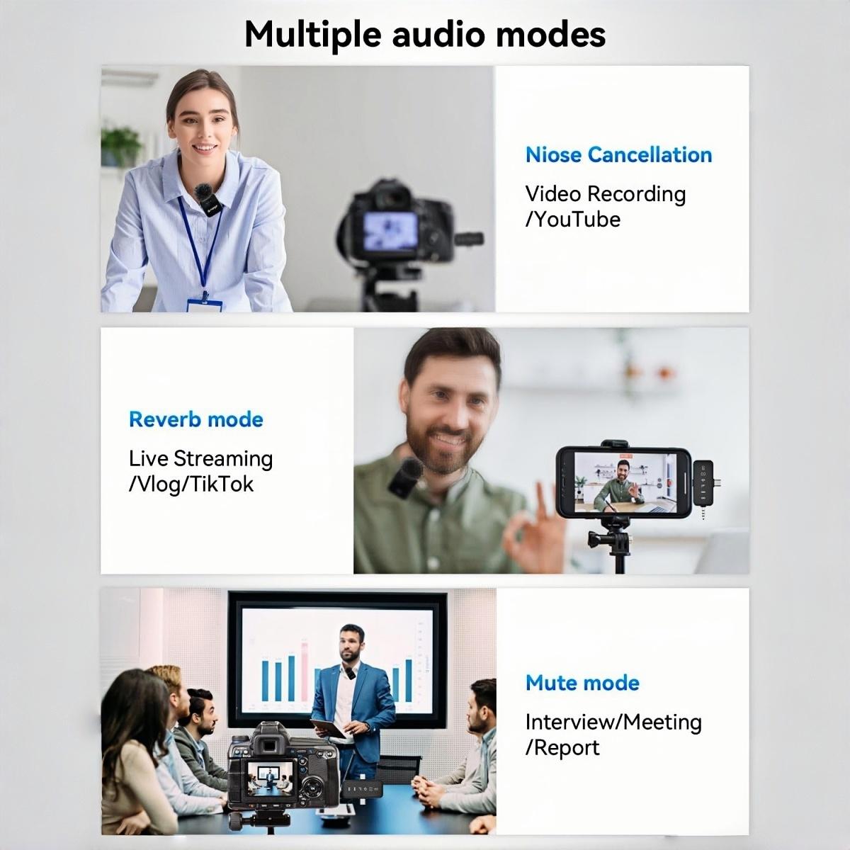 3-in-1 Wireless Lavalier Microphone,for iPhone/Android/Camera, Up to 328ft Transmission, Up to 18H Battery, Mini Microphone for Record Interview, Vlogs, YouTube
