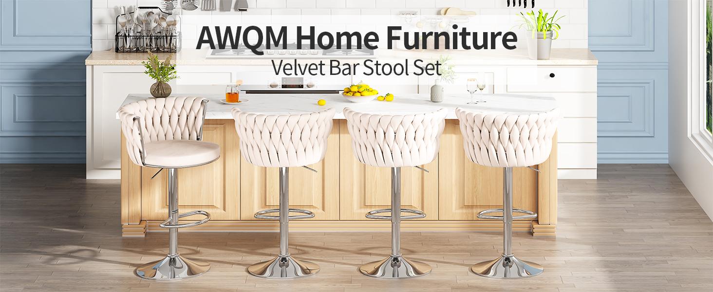 AWQM Velvet Bar Stools Set of 2, Modern Swivel Bar Chairs with Adjustable Height, Upholstered Kitchen Island Chairs in Beige, Black, or Grey