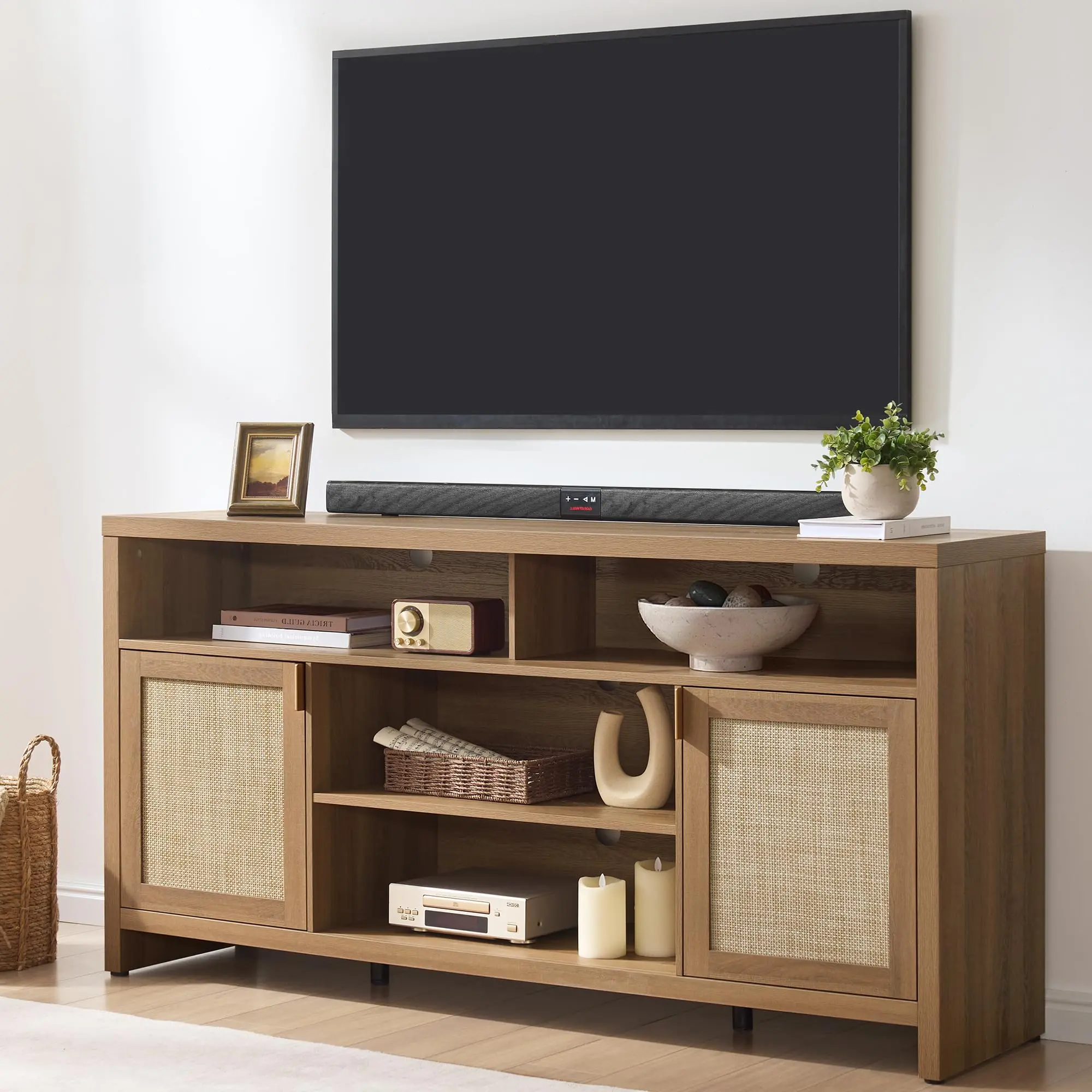 SICOTAS 63" Rattan TV Stand for 55" 65" TV - 31.5" Tall TV Stands for Living Room Boho Entertainment Center with Storage and Doors, Wood Media Console for Bedroom, Modern Large TV Cabinet, Oak