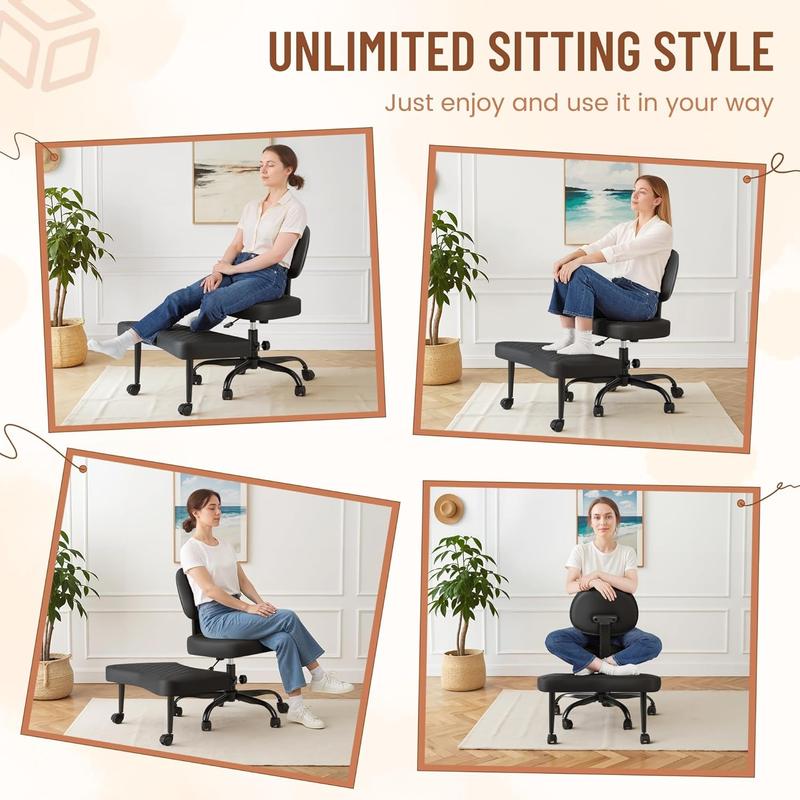 HOMALL Ergonomic Cross Legged Office Desk Chair with Wheels, 360° Swivel and Adjustable Height for Meditation and ADHD,Criss Cross Kneeling Chair with Lumbar Support (Teddy Fabric,Leather))