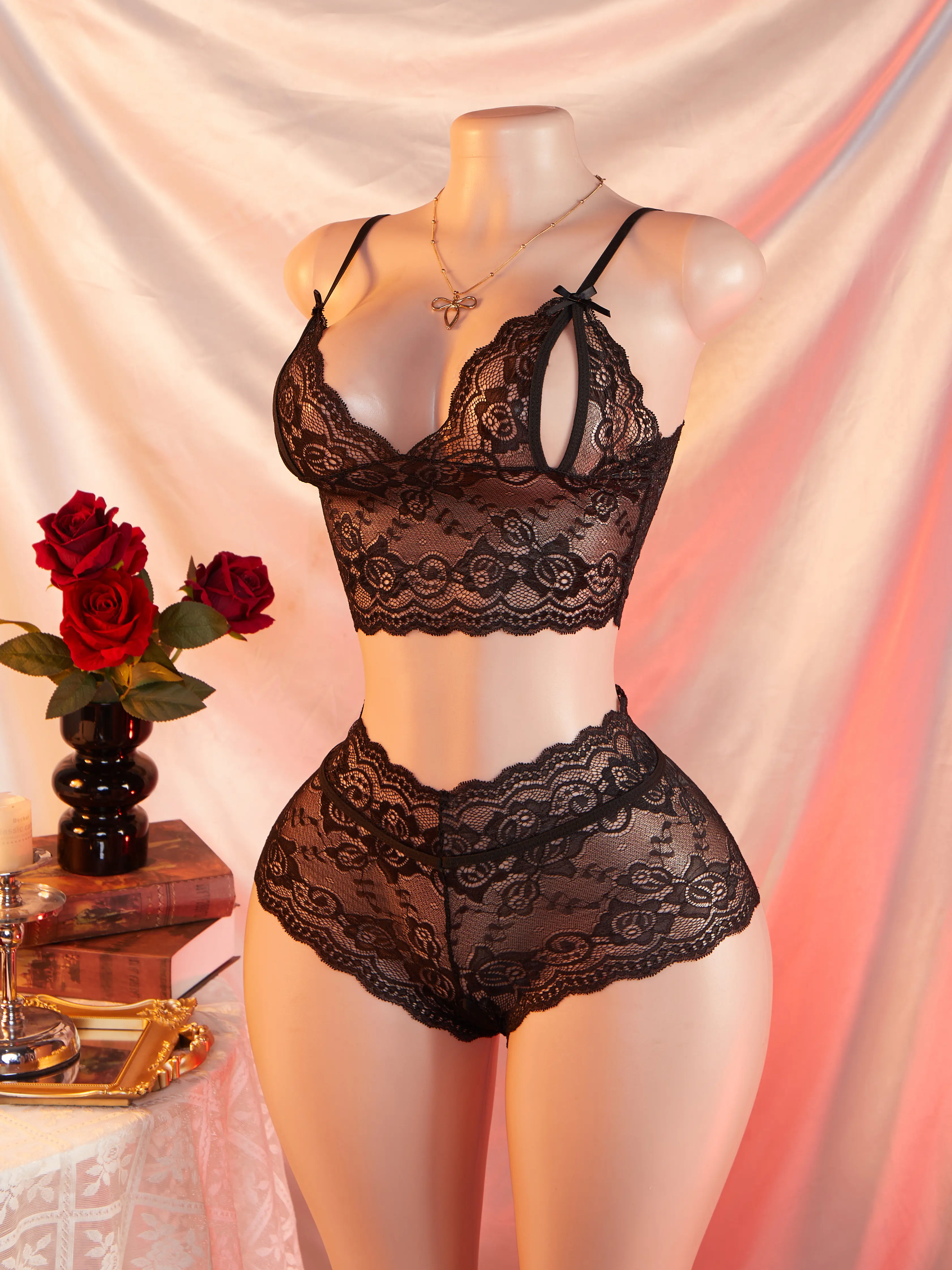 AESKEIA Women's Sexy Bridal Lingerie Set, 2-Piece Hollow Out Lace Camisole and Open Crotch Shorts with Bows, Women's Lace Set, Sexy Hollow, Two-Piece
