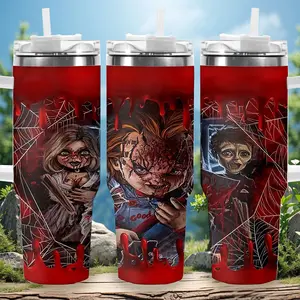 1pc 40oz Horror Art Tumbler with Lid, Insulated Travel Mug, Gift for Women Men, Ideal for Halloween, Independence Day, Memorial Birthday Gift, Coffee Cup, weird stuff