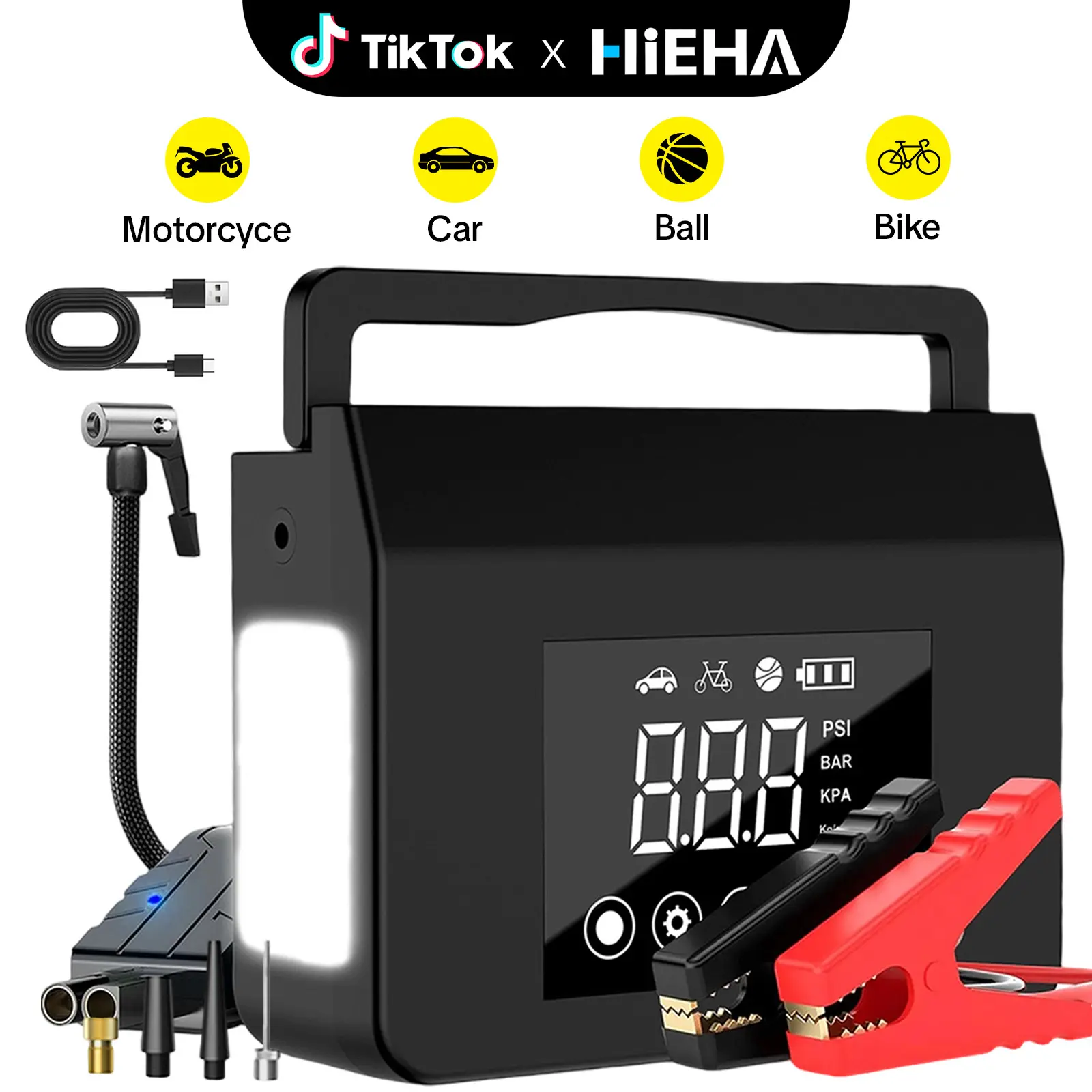 【HiEHA | TikTokShopBackToSchool】4-in-1 Car Emergency Jump Starter, 4000A Peak Current 12V Auto Booster with 150PSI Tire Inflator, 15000mAh Power Bank, LCD Screen, USB-C Port, Jumper Cables Air Compressor