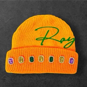DIAMOND BEANIE in Royal Script and Colorful Gemstones - Elegant Text & Vibrant Stones Beanie