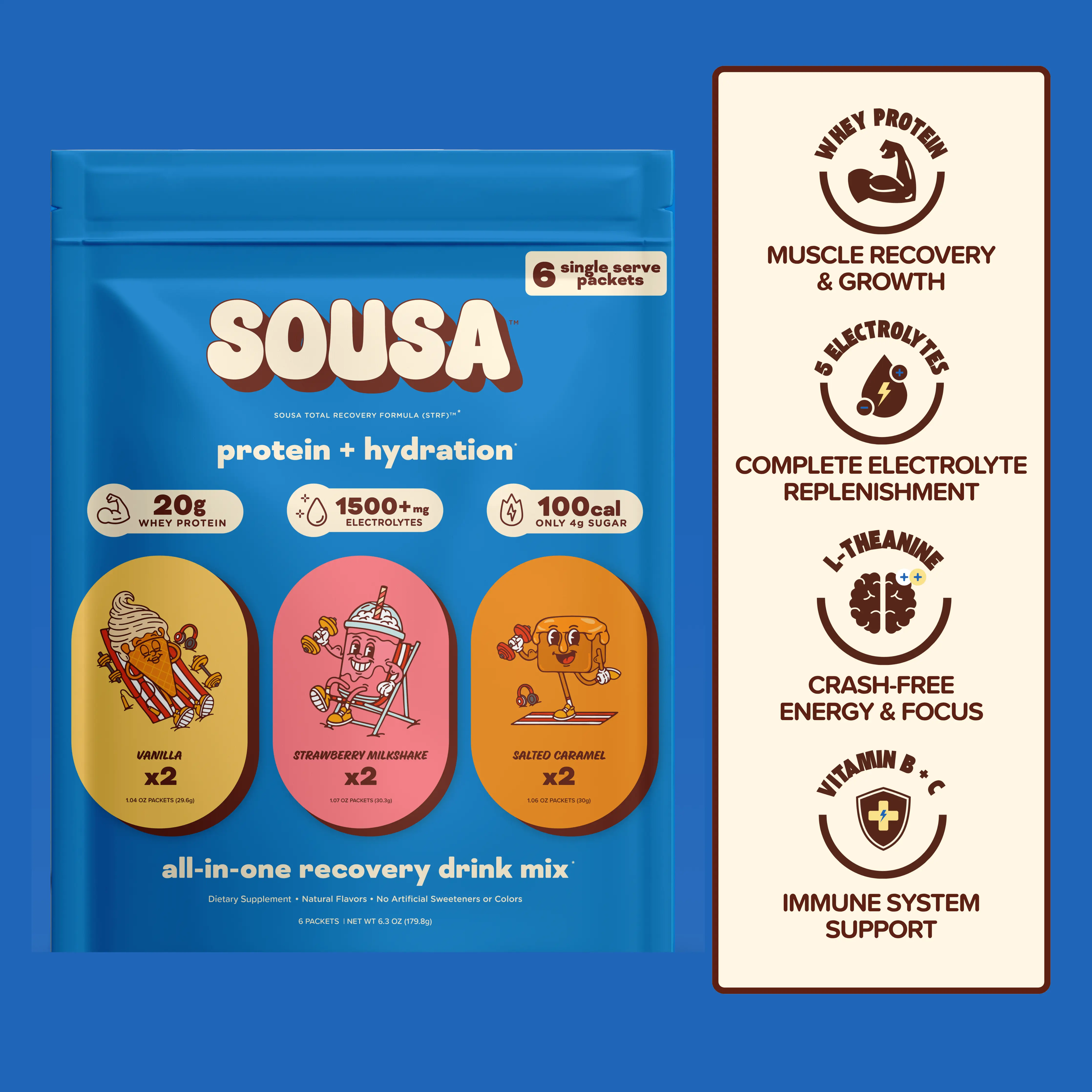 Sousa Protein + Hydration Single Serve Variety Starter Pack (6-Count, 2 Each of Vanilla, Strawberry Milkshake, Salted Caramel), 20g Per Serving Whey Protein Drink, 1500mg Electrolytes, Low Sugar Fitness Supplement, Recovery Support, Dietary, Contains Milk