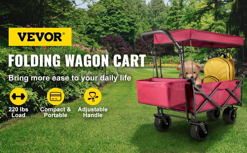 VEVOR Extra Large Collapsible Garden Cart with Removable Canopy, TikTokShopBlackFriday, Folding Wagon Utility Carts with Wheels and Rear Storage, Wagon Cart for Garden, Camping, Grocery Cart, Shopping Cart
