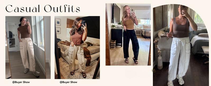 YeeZaa Women Drawstring Barrel Sweatpants 2025 TikTokShopHolidayHaul Christmas High Waisted Patch Pockets Wide Leg Solid Baggy Pants Smocked Elasticated Waistband Lounge Womenswear 2025 Fall Fashion Bottom Style Wideleg Clothes