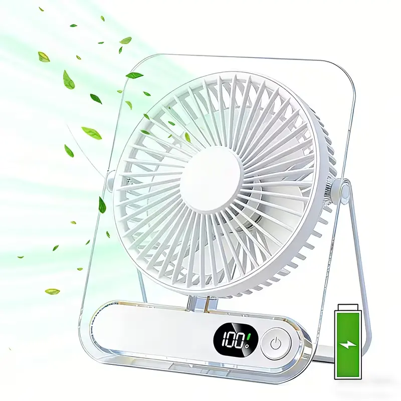 Portable Mini USB Rechargeable Desktop Fan - 3000mAh Battery, Ultra-Quiet, 5 Adjustable Speeds, 180° Foldable Design, Digital Power Display, Acrylic Material, Lightweight Multifunctional Cooling Device for Home, Office, Portable Fan, Mini Fan