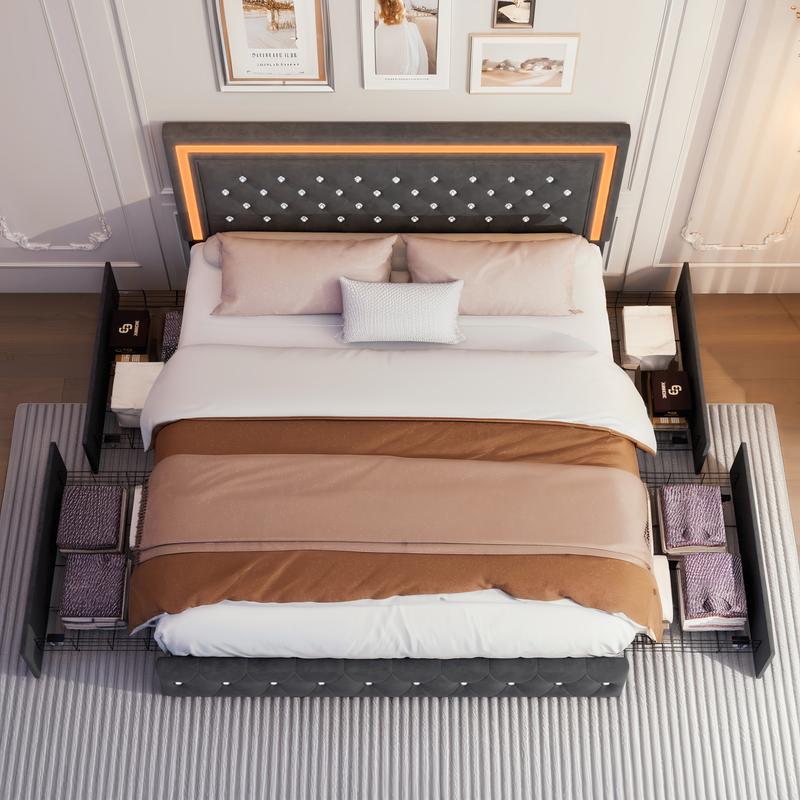 GEGOFORU Queen LED Storage Platform Bed with 4 Drawers, Adjustable Upholstered Headboard, Smart RGB Lights, Noise-Free, No Box Spring Needed, Easy Assembly, Grayring Needed, Easy Assembly, Gray