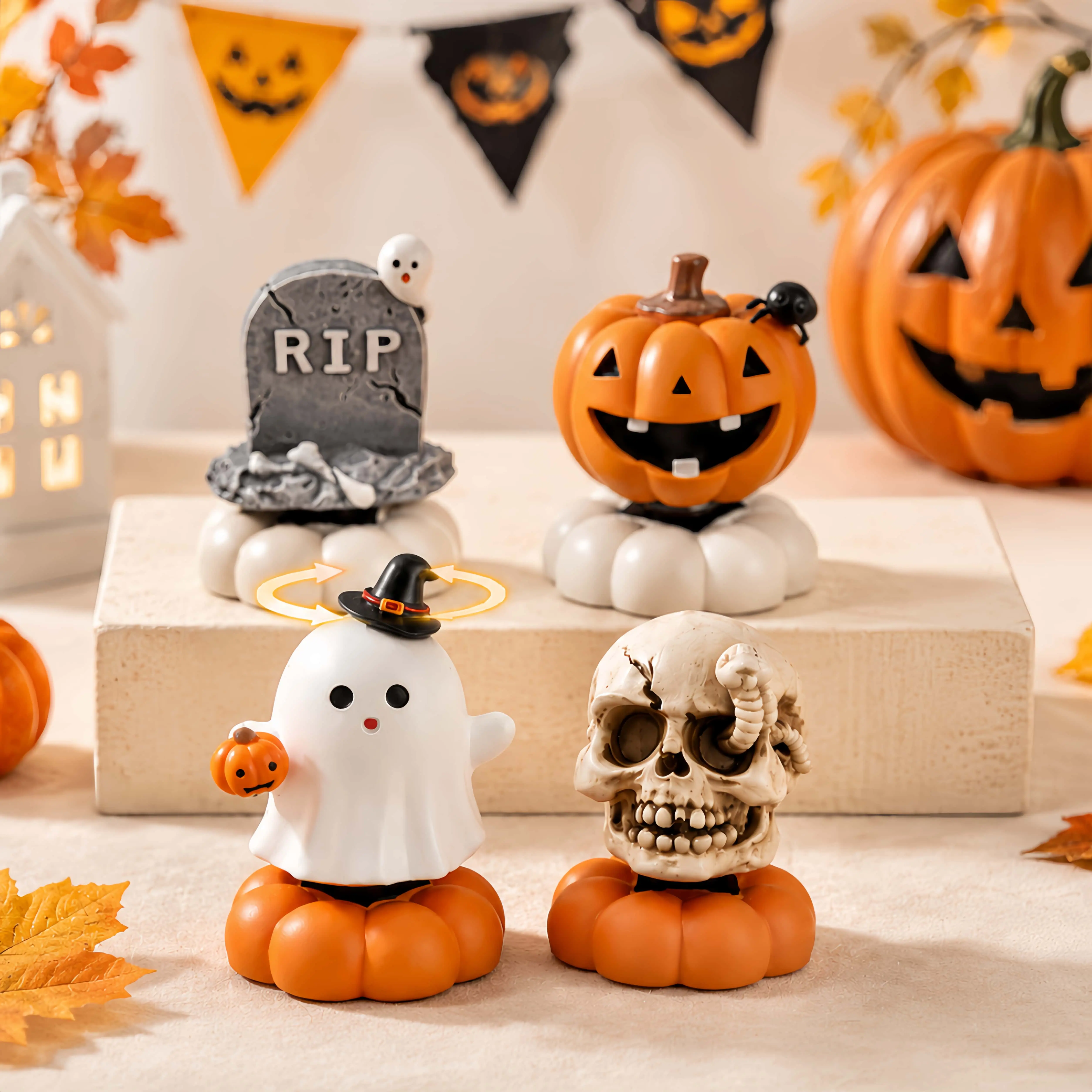 Tiny Trick-or-Treat Ghost Figurine with 360°Rotating, Cute  Halloween Desk & Shelf Decor, 1–4 Pack Cute Pumpkin Ghost Skeleton Tombstone Figurine, Spooky Tabletop Spinner Ornament for Halloween Party, Home & Office Decor-MM