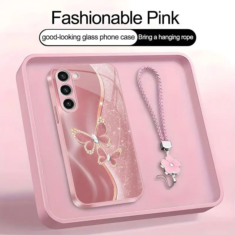 Suitable for [Galaxy S23 Ultra] high-end women's phone case🤩，free four-leaf clover lanyardthe pattern is printed, not glitter，exquisite high-end printed patternsdrop-resistant and fingerprint-proof YM99