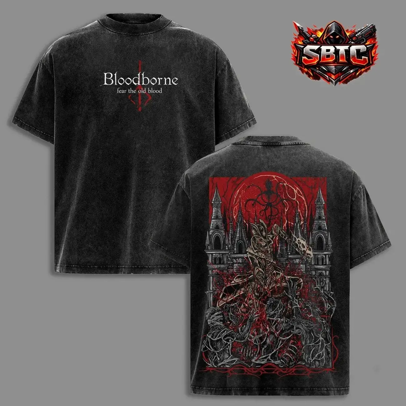Bloodborne The Hunter Yharnam Gothic Cathedral Vintage Washed T-Shirt, Dark Fantasy Soulslike Graphic Tee, Acid Wash Cotton Oversized Shirt, Double-Sided Print, Unisex Gamer Fan Gift 32L