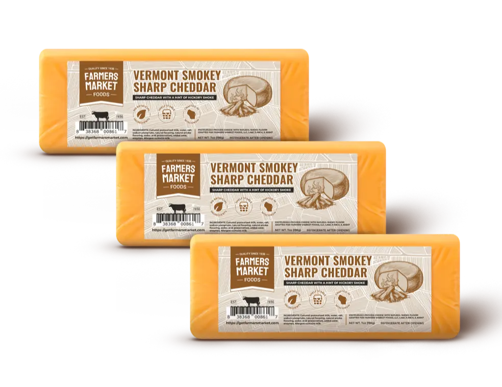 Farmers' Market Premium Wood Smoked Cheddar Cheese Block, 7 oz 3-Pack, Storage Stable Wisconsin Cheese, Rich Natural Smoky Taste, Ideal for Cheese Boards, Crackers, Burgers & Gourmet Recipes