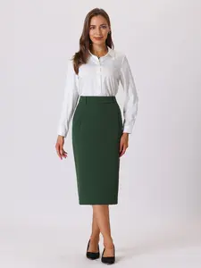 INSPIRE CHIC High Waist Split Back Basic Midi Pencil Skirt Dark Green