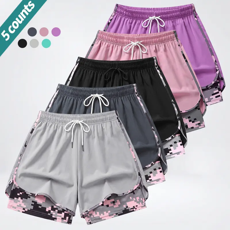 Women’s quick-dry sports shorts, faux two-piece design to prevent exposure, available in multiple colors, high-stretch breathable fabric—ideal for running, fitness, outdoor swimming, training, and everyday wear.