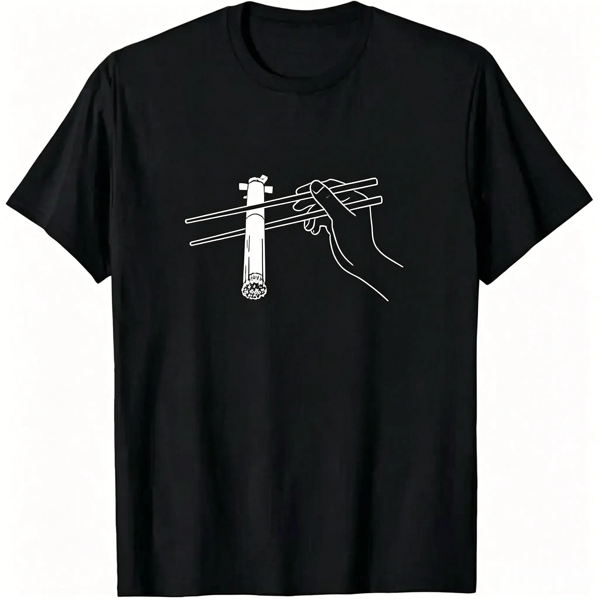Minimal Line Art Chopsticks Holding Reusable Rocket Graphic T-Shirt, Black Unisex Space Streetwear Tee