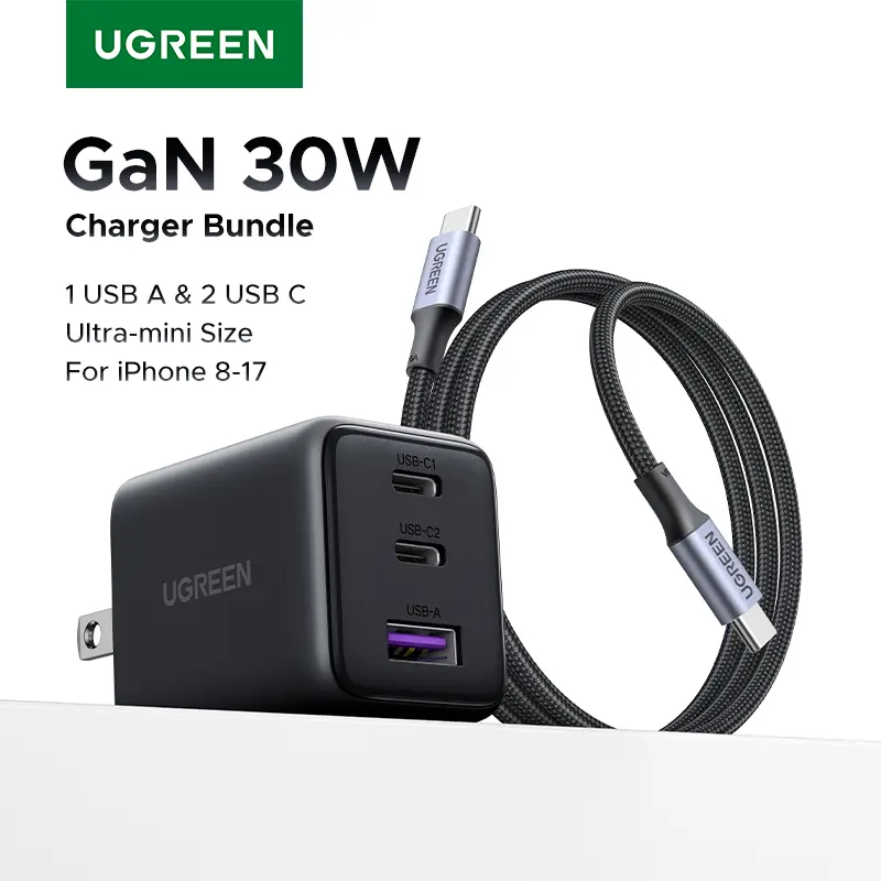 UGREEN Multi-Port Foldable Charger Bundle (PD30W 2C1A/PD20W 1C1A) with Type-C Cable - Fast Charging for iPhone 17/16 Pro Max, Smartphone, Cellphone, Electronic Mobile Devices - Dual Charging Ports, Chargers, Iphone Charger