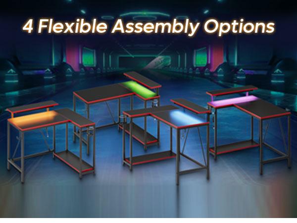 Pinmoco 42" Reversible L-Shaped Gaming Desk with Monitor Stand LED Lights & Headset Hooks for Home Office