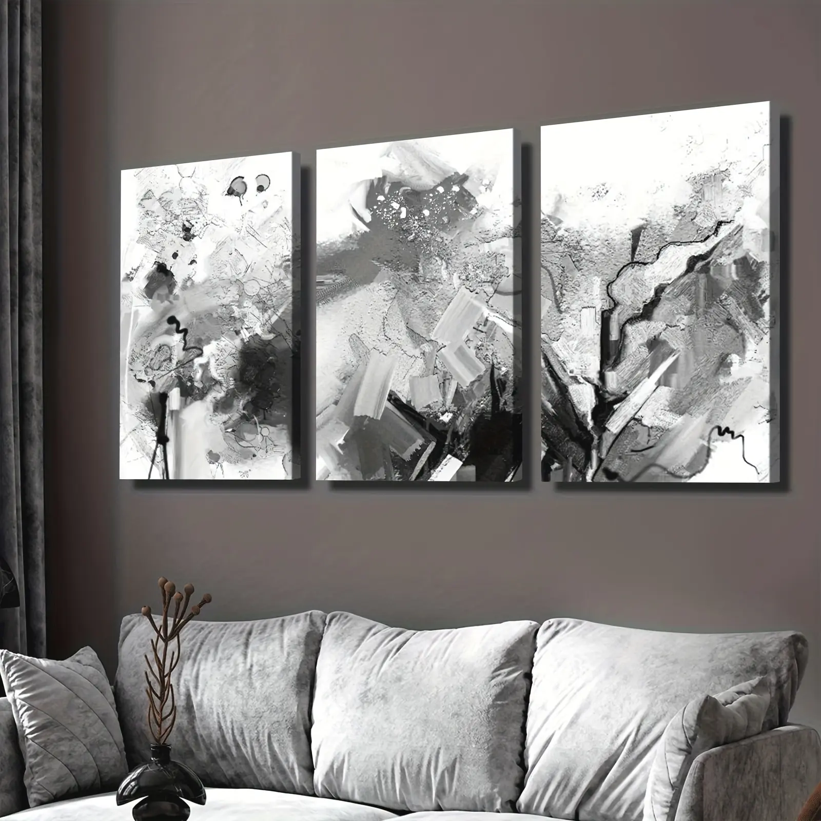 3pcs Pine Wood Framed Wrapped Canvas Wall Artwork Set - 12"x16" & 8"x12" UV Resistant Artistic Modern Abstract Black & White Prints, Eco-Friendly Home Inspo Decoration for Living Room Gift, Hanging Decor