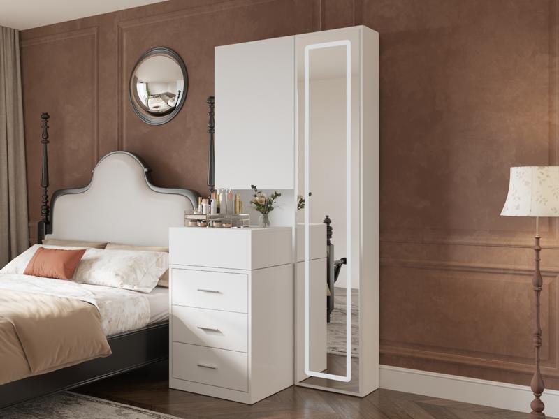 FUFU&GAGA Pink/White/Black Makeup Vanity Desk with Full-length Mirror & 3-Colors Adjustable Lights, 3 Drawers, Sliding Tabletop, Engineered Wood, Generous Storage Capacity FUFU&GAGA Pink/White/Black Makeup Vanity Desk with Full-length Mirror & 3-Colors Adjustable Lights, 3 Drawers, Sliding Tabletop, Engineered Wood, Generous Storage Capacity