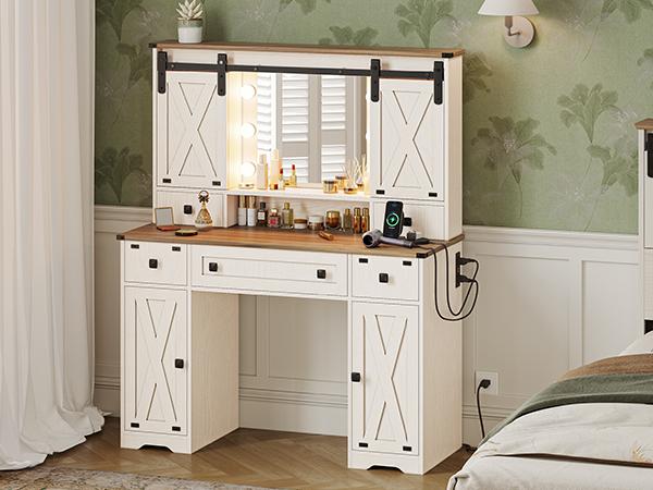 Valentine’s Gifts: Hasuit Farmhouse Vanity Desk with Mirror and Lights, White Makeup Dressing Table with Charging Station, Rustic Vanity Mirror with Sliding Barn Door, Vanity Table with 3 Adjustable Lighting Modes