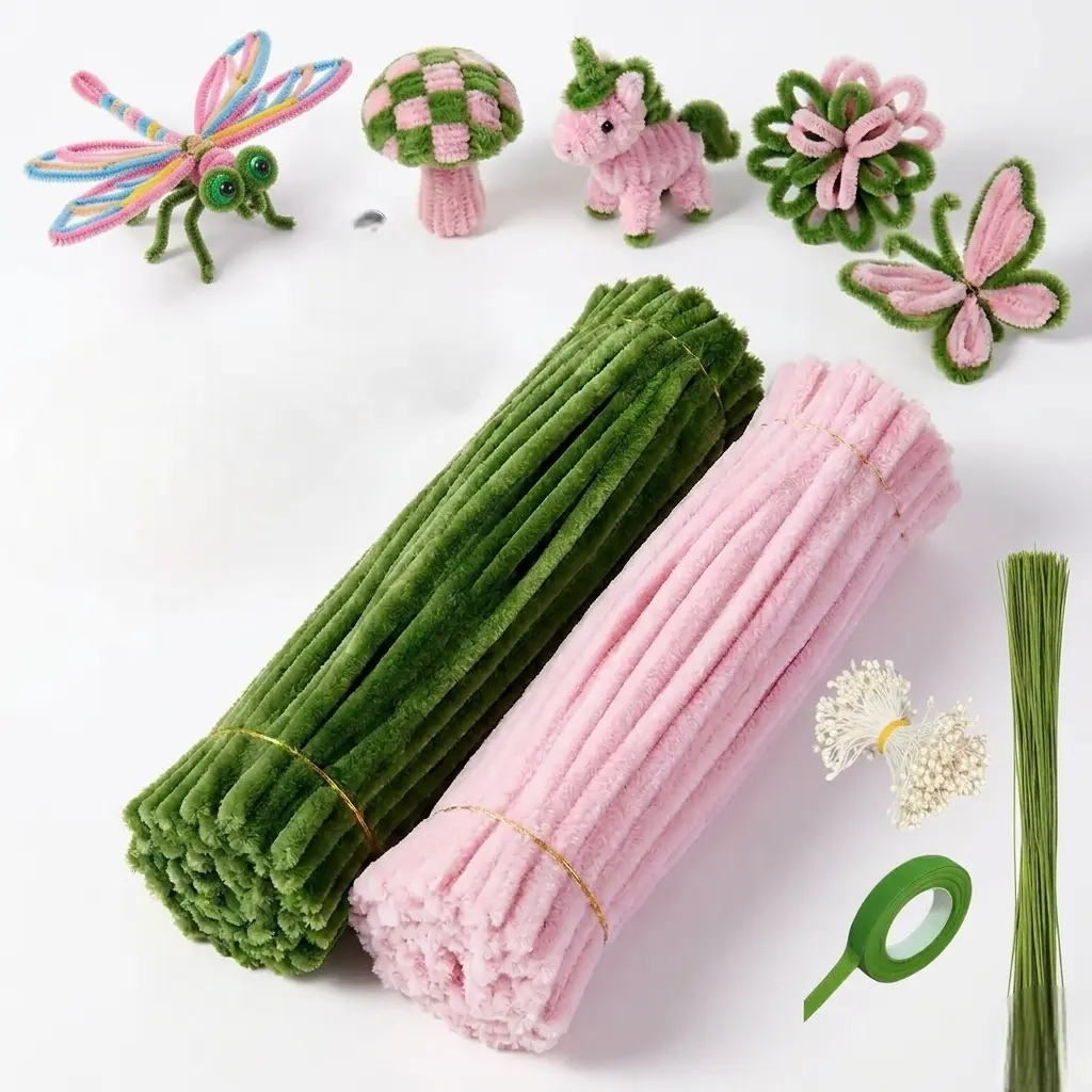 Unisex 331pcs Shed-Free Pipe Cleaner Craft Bouquet Making Kit - 2 Complementary Colors (Blush Pink, Army Green), 200 Pipe Cleaners, DIY Home Decor Supplies with Inner Wire, High-Adhesion Floral Tape, Thick Flower Stamens, Allergy-Friendly, Handmade Look