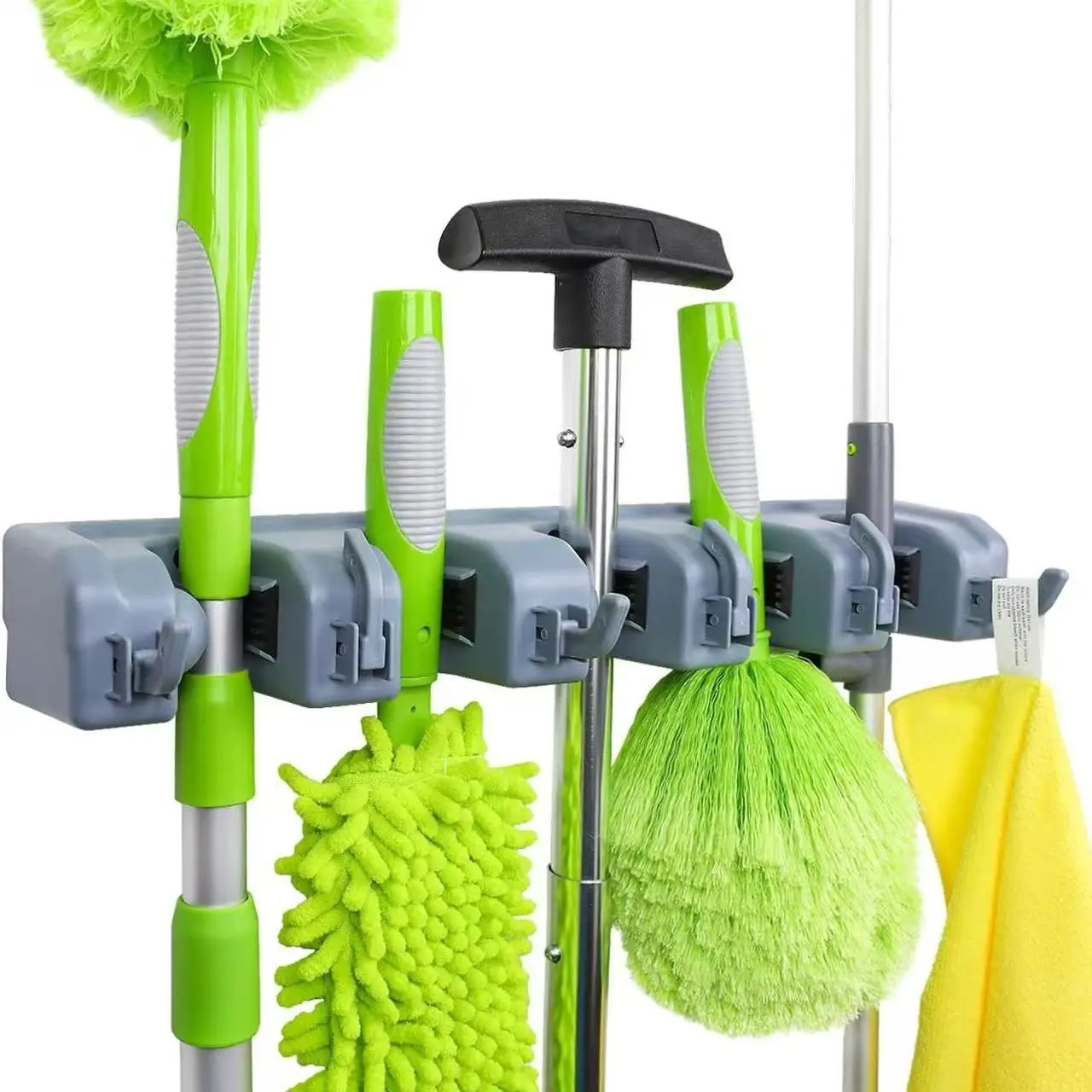 ABS Plastic Heavy-Duty Wall-Mounted Rectangular Broom & Mop Holder, 35 lbs Max Tool Organizer with Dividers, Hook + Rail Organizer Hooks & Rails for Home, Garage (2.36×16.9×3.35 in)