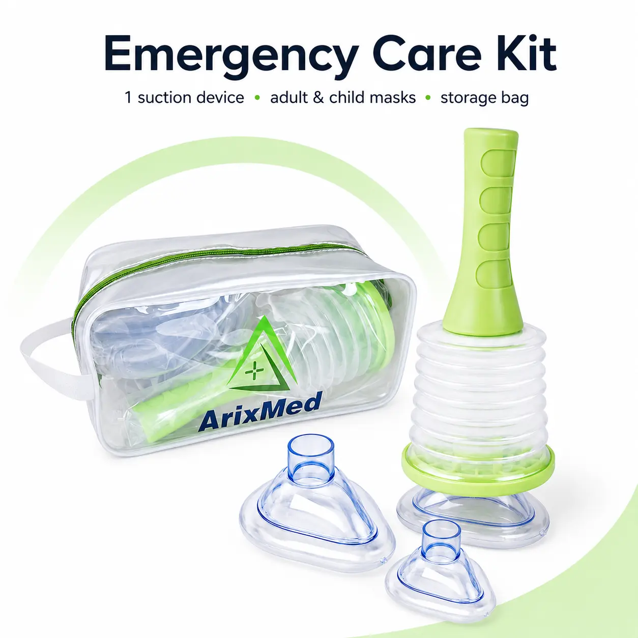 ArixMed Emergency Care Kit with Suction Device Adult & Child Masks Storage Bag for First Aid Essentials
