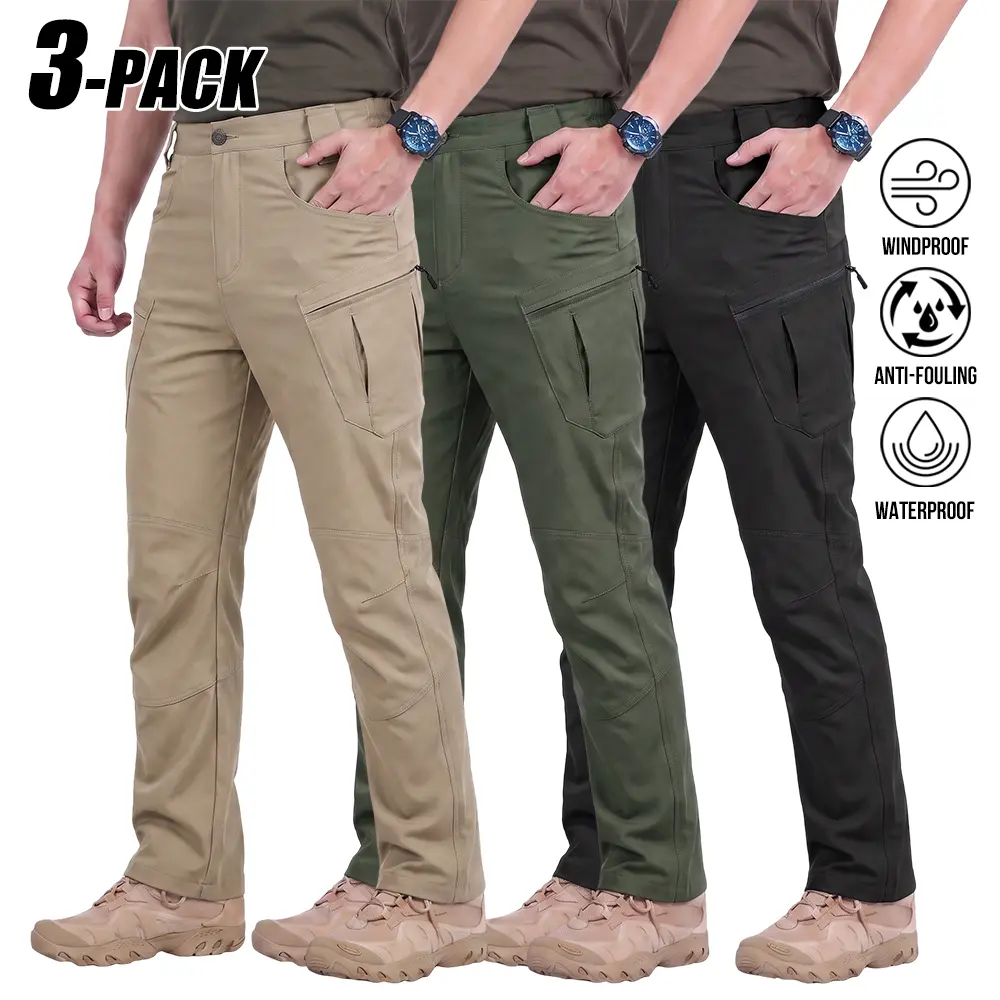 3-PACK Practical Solid Tactical Hiking Cargo Pants, stretch windproof water repellent anti-stain three-proof fabric, slim straight leg zip pockets all-season outdoor work climbing pants