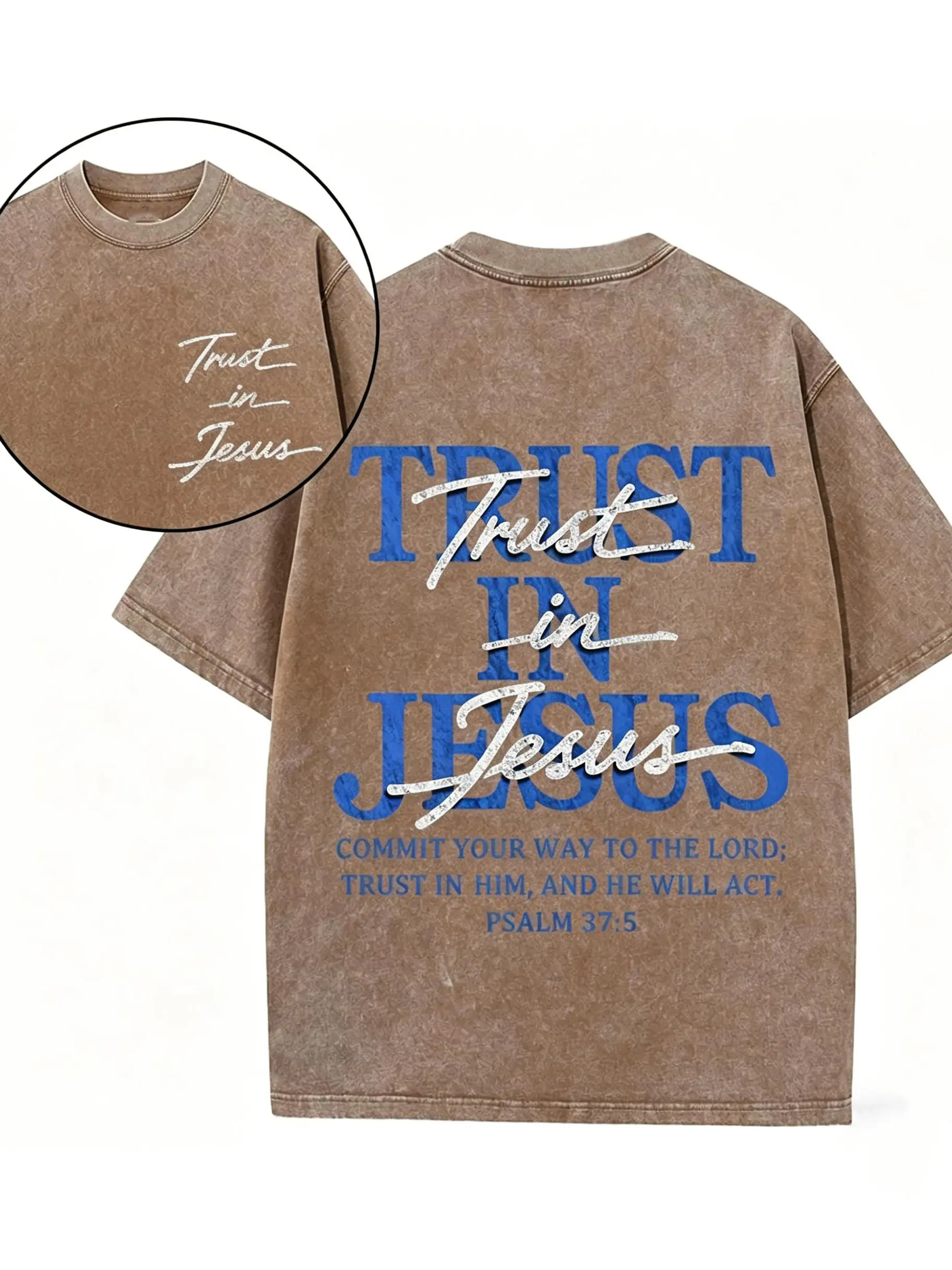 Christian Washed Oversized Tee, "Trust in Jesus" Psalm 37:5 Bible Verse Design, Faith-Based Gift for Men & Women